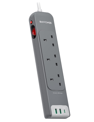 عرض تفاصيل شريط طاقة RAVPower RP-PC1038 بثلاثة منافذ باللون الرمادي، إصدار المملكة المتحدة، بطول 3 أمتار مع منفذ USB