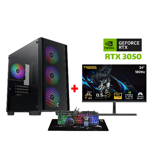 صورة كمبيوتر ألعاب i5-14400F، لوحة أم H610 DDR4، ذاكرة DDR4 بسعة 16GB، قرص NVMe SSD بسعة 1 تيرابايت، RTX 3050 بسعة 6GB VGA، مزود طاقة بقوة 650 واط، هيكل Xigmatek NYX AIR II M-ATX، محول WiFi USB، رخصة Win 11 Pro، شاشة Twisted Minds 24" IPS 180Hz بحجم 0.5 مللي ثانية FHD، حزمة Gameon Cypher XL الشاملة