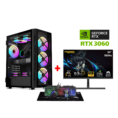 عرض تفاصيل كمبيوتر ألعاب i5-14400F، معالج H610، ذاكرة وصول عشوائي DDR4 سعة 16 جيجابايت، قرص SSD NVMe سعة 1 تيرابايت، RTX 3060 12 جيجابايت، مزود طاقة 650 وات، هيكل من سلسلة GameOn Trident، نظام التشغيل Windows 11 Pro، شاشة Twisted Minds مقاس 24 بوصة، معدل تحديث 180 هرتز ووقت استجابة 0.5 مللي ثانية، حزمة Gameon Cypher XL الكل في واحد