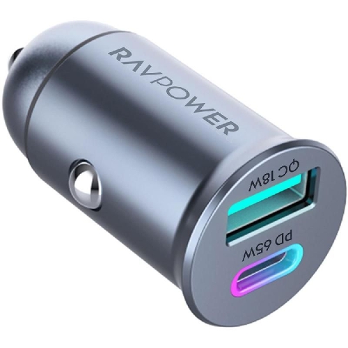 عرض تفاصيل شاحن سيارة RAVPower RP-VC1013 PD Pioneer mini 65W بمنفذي USB باللون الرمادي