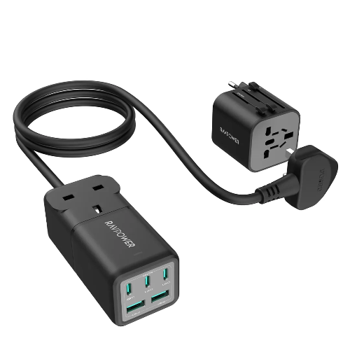 Picture of Ravpower RP-PC1062  75W Power Strip 5-Port with AC outlets UK plug + Travel charger adapter Offline Black