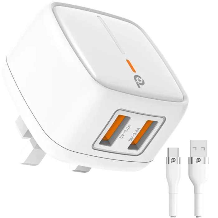 صورة محول Powero+ البريطاني ثنائي USB 3A مع كابل Type-C