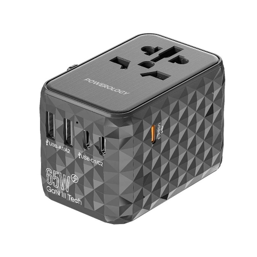 Show details for Powerology Universal Multi-Port Travel Adapter PD 65W ( 3X Type-C / 2X USB-A Ports ) - Gray