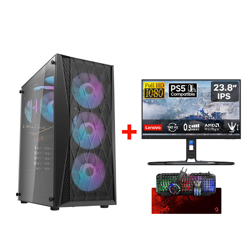 صورة كمبيوتر ألعاب، معالج i5-13400F، لوحة أم H610 D4، ذاكرة 16GB D4، قرص SSD 1 تيرابايت NVME، RTX 3050 6GB VGA، مزود طاقة 700 واط، غلاف DarkFlash DK352 ATX Mid Tower، 4 مراوح ARGB، شاشة ألعاب Win 11 Pro+Lenovo Legion R24E 23" FHD + لوحة مفاتيح سلكية شاملة من GameOn، سماعة رأس، فأرة، لوحة فأرة