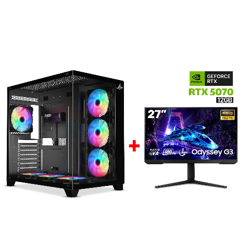 Picture of Gaming PC i7-14700F,GigaByte Intel B760M G AX WIFI DDR5 MB,32GB DDR5 (6000) RAM,1TB NVMe SSD,RTX 5070 12GB VGA,850 Watt GOLD PSU,AZZA L240 Liquid Cooler,Sharx Profin XI700B Case Black,Win 11 Pro License,Samsung Odyssey G3 27" VA FHD 180Hz Gaming Monitor