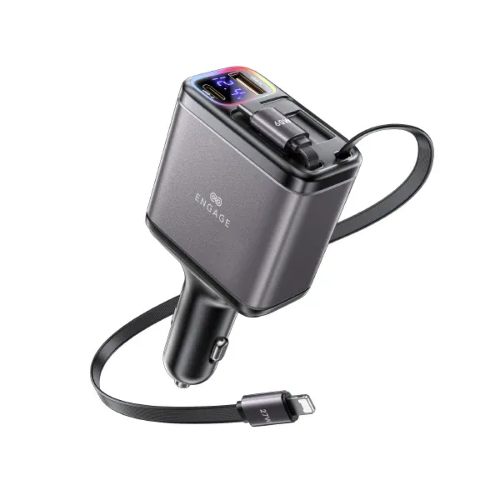 Picture of ENGAGE 120W 4IN1 CAR CHARGER W/RETRACTABLE CABLES (USB-C/LIGHTNING) & USB PORTS 
