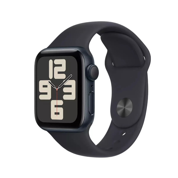 صورة ساعة Apple Watch SE الجيل الثاني 44 مم (تحديد المواقع  - هيكل من الألومنيوم بلون منتصف الليل - سوار رياضي بلون الأسود - مقاس صغير/متوسط