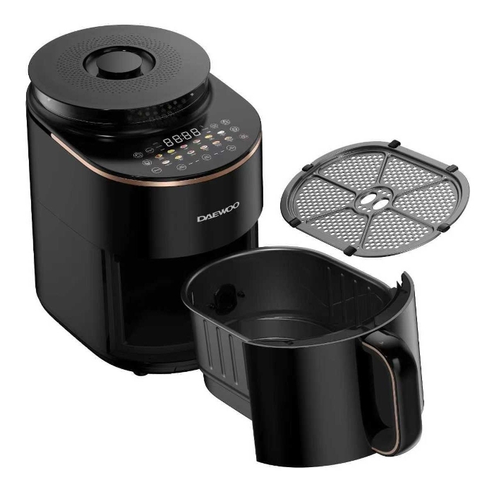 صورة مقلاة هوائية سعة 4.5 لتر + قدر بخاري مع شاشة لمس LED و14 برنامجًا مُعدًّا مسبقًا، بقوة 1500 واط من دايو - أسود