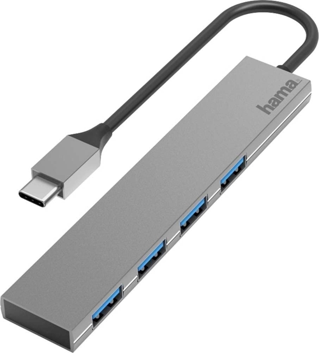Picture of Hama USB Hub, 4 Ports, USB 3.2 Gen 1, 5 Gbit / s, Ultra-Slim, incl. USB-C Adapter