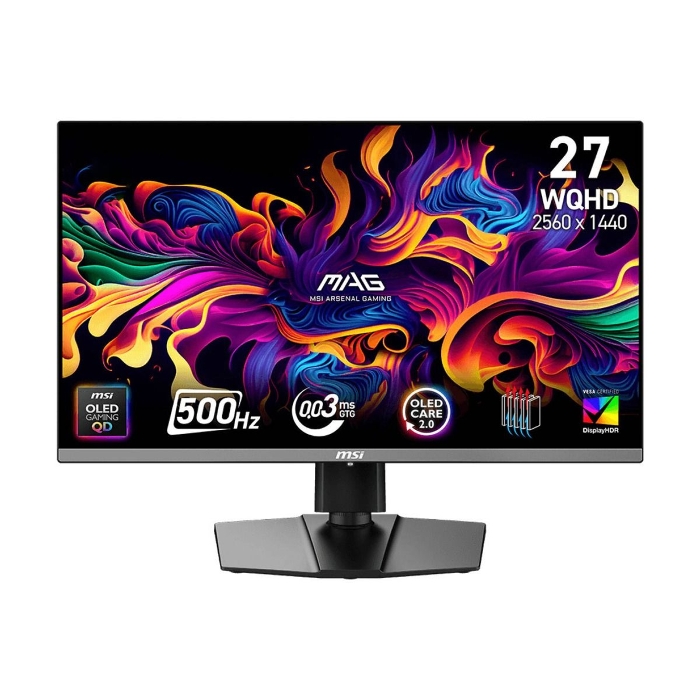 صورة شاشة ألعاب MSI MAG 272QP QD-OLED X50، شاشة QD-OLED مقاس 27 بوصة، دقة WQHD، معدل تحديث 500 هرتز، زمن استجابة 0.03 مللي ثانية (GtG)، تقنية AMD FreeSync Premium Pro، لون أسود | 9S6-3CD79A-032