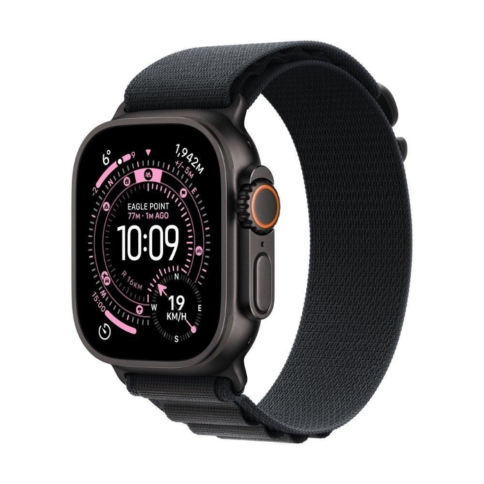 صورة ساعة Apple Watch Ultra 3 GPS + Cellular مقاس 49 مم، هيكل من التيتانيوم الأسود مع حلقة Alpine سوداء - متوسطة