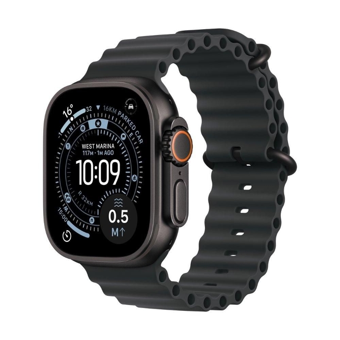 صورة ساعة Apple Watch Ultra 3 GPS + Cellular مقاس 49 مم، هيكل من التيتانيوم الأسود مع سوار Ocean Band أسود