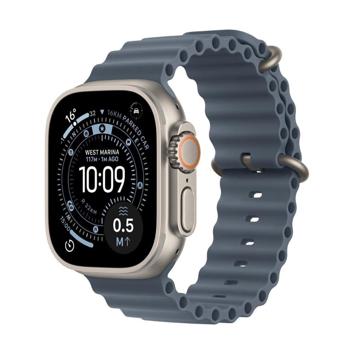 صورة ساعة Apple Watch Ultra 3 GPS + Cellular مقاس 49 مم، هيكل من التيتانيوم الطبيعي مع سوار Anchor Blue Ocean