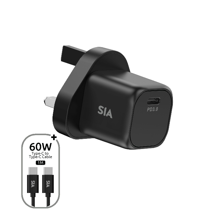 Picture of SIA MINI WALL CHARGER GAN PD/PPS 35W TYPE-C PORT WITH C-C CABLE 1M BLACK-UK