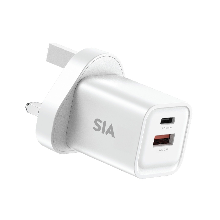 صورة شاحن حائط سيا GAN PD/PPS/QC 35 واط، منفذان A+C، أبيض - المملكة المتحدة