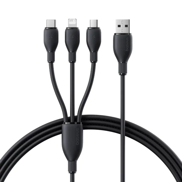 صورة كابل شحن سريع فائق السرعة من باسيوس، من USB-A إلى M+L+C، بقوة 1.3 متر - أسود كوزميك