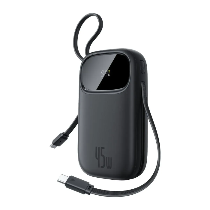 صورة شاحن متنقل Baseus EnerFill FC31 Qpow3 بشاشة رقمية مع كابلين USB-C مدمجين، سعة 20,000 مللي أمبير/ساعة، قوة 45 واط - أسود كوزميك