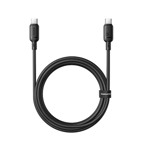 عرض تفاصيل كابل شحن سريع حريري من باسيوس، من USB-C إلى USB-C، بقوة 100 واط، بطول مترين - أسود عنقودي