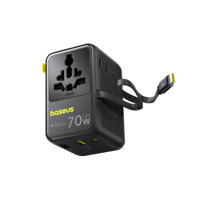 صورة محول سفر عالمي Baseus EnerCore CG11، 6 في 1، مع كابل قابل للسحب، بقوة 70 واط - أسود كوزميك