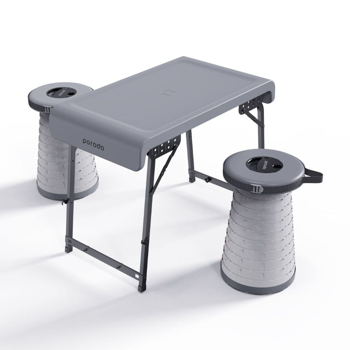 Picture of Porodo Lifestyle Compact Portable Outdoor Table Set With Illuminated Folding Seats  Gray  PD-CFDLDSTS-GY