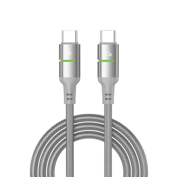 صورة كابل مضفر من سبائك Powero + Lucent مع مؤشر LED من النوع C إلى Type-C 60W 1.2 م رمادي PR-LCBD12CC-GY