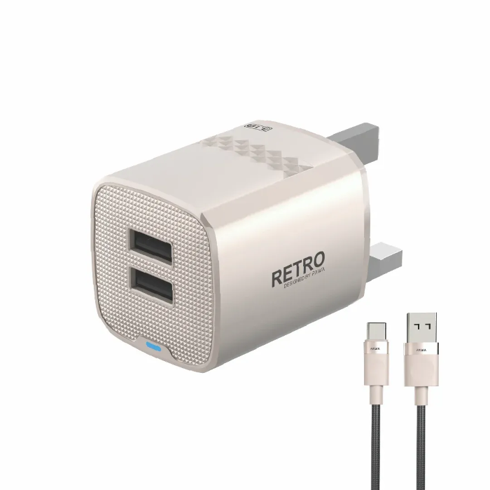 صورة باوا ريترو ٣.١ أمبير، محول سفر بمنفذي USB، قابس بريطاني، كابل تايب-سي - تيتانيوم