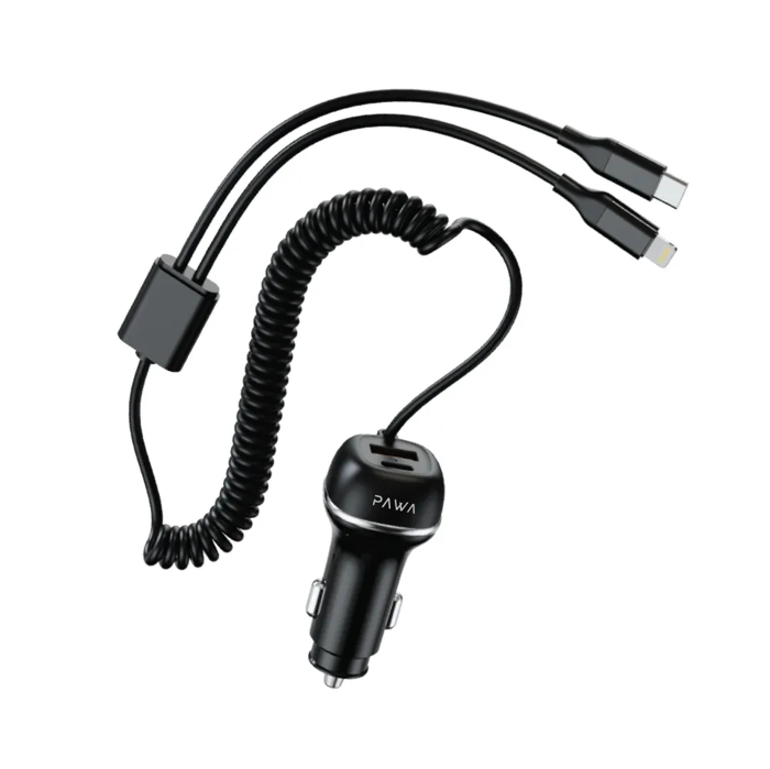 Picture of PAWA SOLID CAR CHARGER DUAL PORT PD+QC WITH USB-C AND LIGHTNING BUILT-IN CABLE 68W - Black