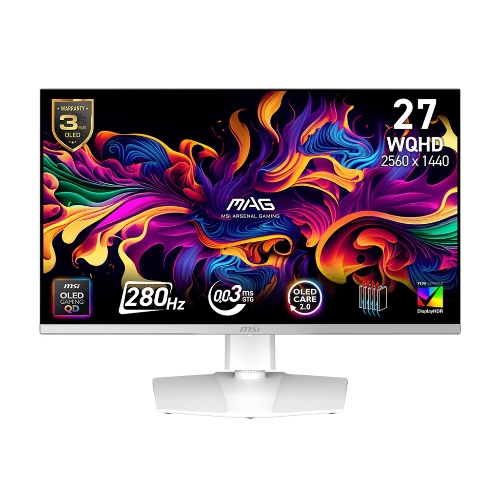 صورة شاشة ألعاب MSI MAG 272QPW QD-OLED X28، مقاس 27 بوصة، بدقة 2K WQHD، معدل تحديث 280 هرتز، زمن استجابة 0.03 مللي ثانية، تدعم تقنية GTG، مشتت حراري مخصص، شاشة ألعاب Vesa True Black 400، مزودة بتقنية Adaptive-Sync، بيضاء.