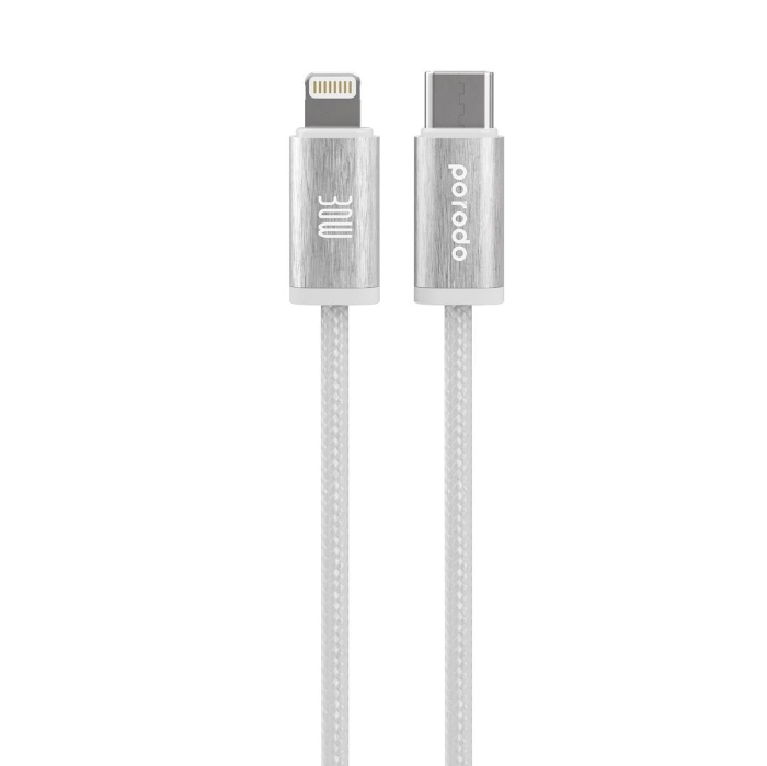 صورة كابل بورودو مضفر منسوج من USB-C إلى Lightning، بيانات وشحن سريع، هيكل من الألومنيوم، بطول 1.2 متر/4 أقدام - أبيض
