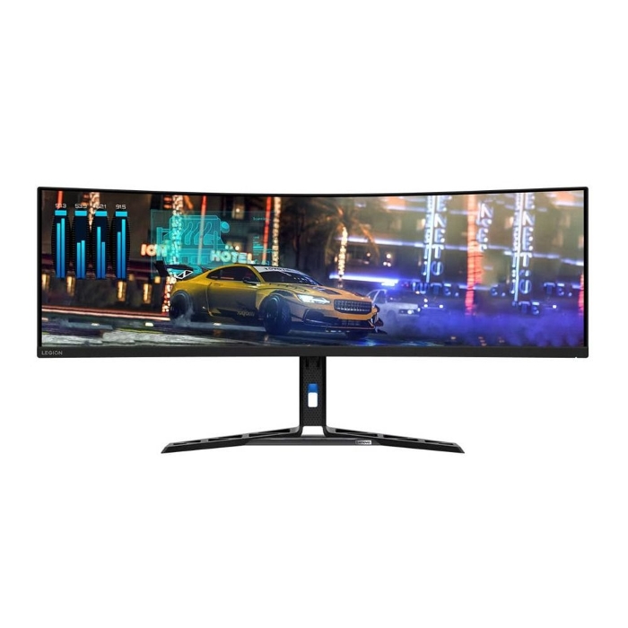 صورة شاشة ألعاب منحنية لينوفو ليجن R45w-30 مقاس 44.5 بوصة بدقة QHD مزدوجة وتردد 165/170 هرتز (مع إمكانية كسر السرعة) وزمن استجابة 1 مللي ثانية وانحناء 500R، تدعم تقنية AMD FreeSync Premium.