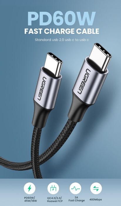 Picture of UGREEN USB 2.0 C M/M Round Cable Nickel Plating Aluminum Shell 2m (Gray Black)US261 100w