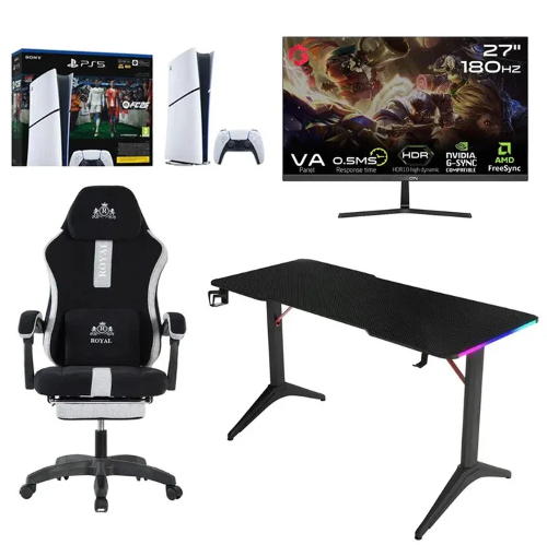 Show details for Sony PlayStation 5 (PS5) Slim Console Digital With EA FC 26 Voucher + GAMEON GOPS27180VA 27" FHD Gaming Monitor + Royal RGB Gaming Desk + Royal Gaming Chair