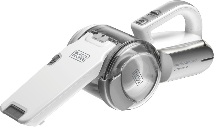 صورة مكنسة يدوية لاسلكية Dustbuster Pivot من Black & Decker بقدرة 18 فولت، سعة 440 مل، 35 واط، موديل PV1820L-GB – أبيض / رمادي