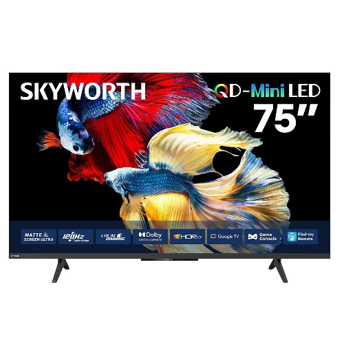 عرض تفاصيل تلفزيون سكايورث الذكي بنظام أندرويد، شاشة صغيرة LED بدقة UHD-4K مقاس 75 بوصة بتقنية مينيLED