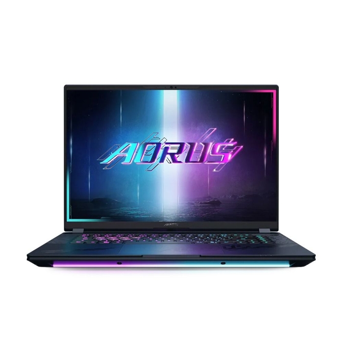 صورة لابتوب ألعاب GIGABYTE AORUS MASTER 16 AM6H، معالج Intel Core Ultra 9 275HX، ذاكرة وصول عشوائي DDR5 سعة 32 جيجابايت، قرص SSD NVMe سعة 1 تيرابايت، بطاقة رسومات RTX 5080 بسعة 16 جيجابايت، شاشة مقاس 16 بوصة بدقة QHD+ ومعدل تحديث 240 هرتز، لوحة مفاتيح بإضاءة خلفية RGB ثلاثية المناطق (العربية/الإنجليزية)، نظام التشغيل Windows 11 Pro - أسود