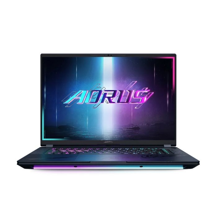 صورة لابتوب ألعاب GIGABYTE AORUS MASTER 16 AM6H، معالج Intel Core Ultra 9 275HX، ذاكرة وصول عشوائي DDR5 سعة 32 جيجابايت، قرص SSD NVMe سعة 1 تيرابايت، بطاقة رسومات RTX 5090 بسعة 24 جيجابايت، شاشة مقاس 16 بوصة بدقة QHD+ OLED ومعدل تحديث 240 هرتز، لوحة مفاتيح بإضاءة خلفية RGB ثلاثية المناطق (العربية/الإنجليزية)، نظام التشغيل Windows 11 Pro - أسود