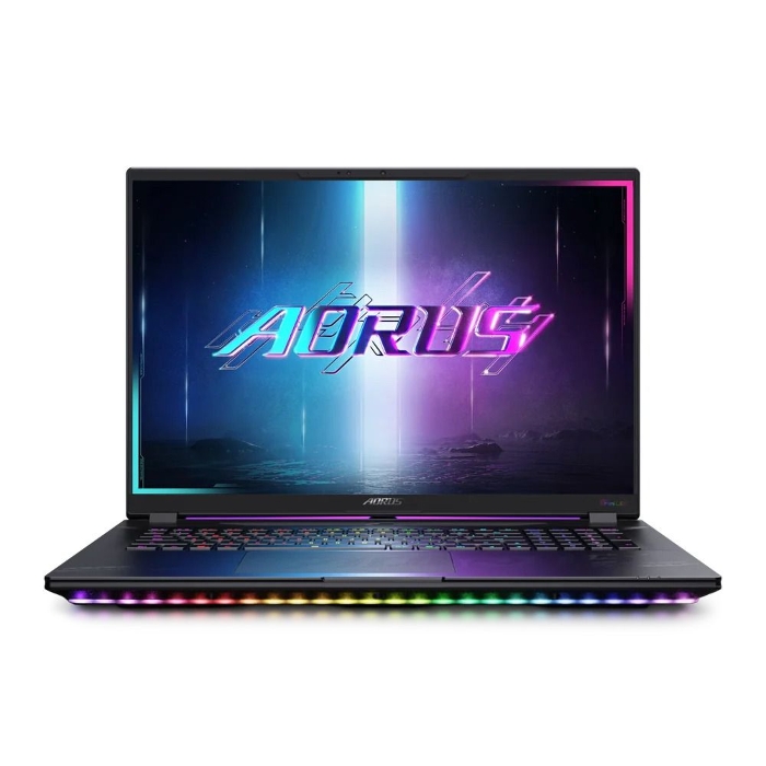 صورة لابتوب ألعاب GIGABYTE AORUS MASTER 18 AM8H، معالج Intel Core Ultra 9 275HX، ذاكرة وصول عشوائي DDR5 سعة 64 جيجابايت، قرص SSD NVMe سعة 2 تيرابايت (1 تيرابايت × 2)، بطاقة رسومات RTX 5090 سعة 24 جيجابايت، شاشة WQXGA مقاس 18 بوصة بتردد 240 هرتز، لوحة مفاتيح بإضاءة خلفية RGB لكل مفتاح (عربي/إنجليزي)، نظام تشغيل Windows 11 Pro - أسود