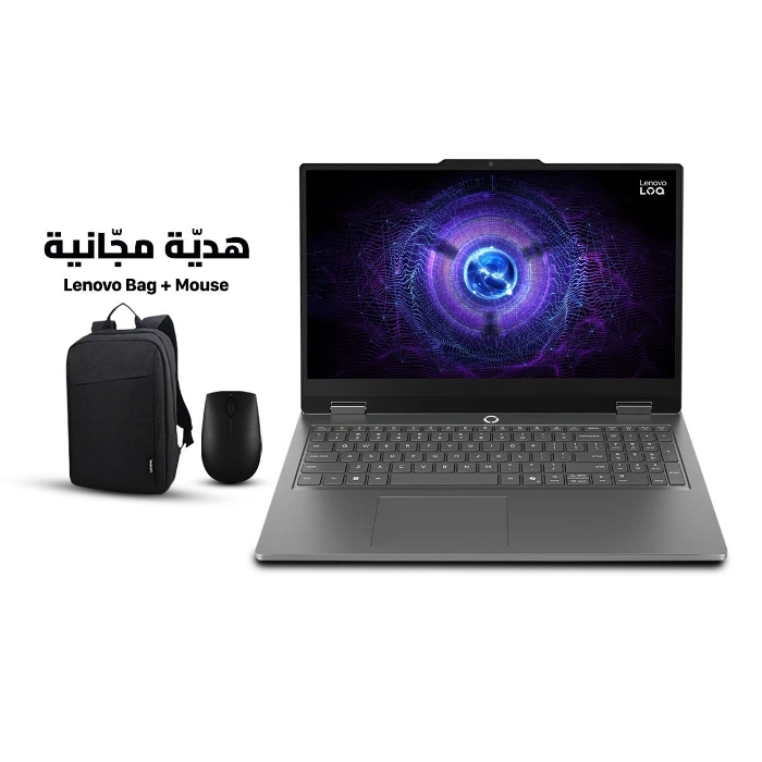 صورة لابتوب الألعاب Lenovo Loq Essential 15IRX11، معالج Intel Core i5-13450HX، ذاكرة وصول عشوائي DDR5 سعة 16 جيجابايت، قرص SSD NVMe سعة 512 جيجابايت، بطاقة رسومات RTX 5050 بسعة 8 جيجابايت، شاشة FHD مقاس 15.6 بوصة بتردد 144 هرتز، لوحة مفاتيح بإضاءة خلفية بيضاء، نظام التشغيل Windows 11 Pro (مرخص)، لون رمادي لونا + حقيبة Lenovo وماوس مجانًا