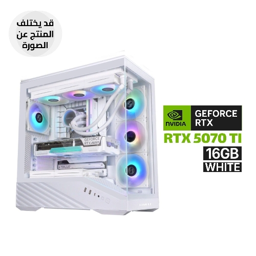 صورة جهاز كمبيوتر للألعاب بمعالج AMD RYZEN 7-9700X، ولوحة أم MSI AMD MPG B850 Edge Ti WIFI DDR5، وذاكرة وصول عشوائي D5 سعة 32 جيجابايت، وقرص SSD من نوع NVMe بسعة 1 تيرابايت، وبطاقة رسومات RTX 5070 Ti بسعة 16 جيجابايت، وشاشة Asus PRIME LC 360 ARGB بيضاء. مزود طاقة 850 وات ذهبي أبيض، علبة كمبيوتر LIAN LI Vector V100 E-ATX بيضاء، نظام تشغيل ويندوز 11 برو (ترخيص)