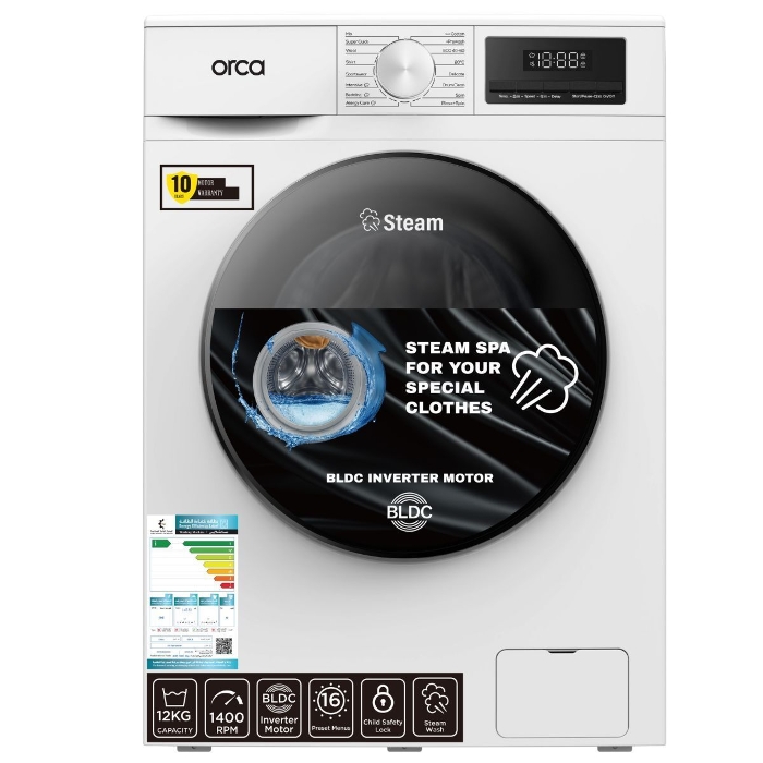 Picture of Orca Front Load Washing Machine 12KG 1400RPM BLDC, White - OR-TWF120EW