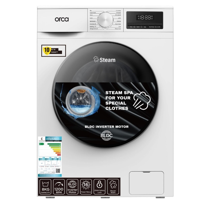 Picture of Orca Front Load Washing Machine 8KG 1200RPM BLDC, White - OR-TWF80EW