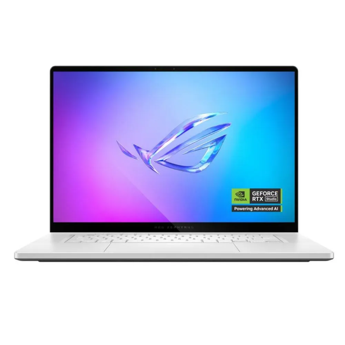 صورة لابتوب الألعاب Asus ROG Zephyrus G16، معالج Intel Core Ultra 9، ذاكرة وصول عشوائي 64 جيجابايت، قرص صلب SSD بسعة 1 تيرابايت، بطاقة رسومات NVIDIA GeForce RTX 5070Ti، نظام التشغيل Windows 11 Home، موديل GU605CR-QR216W - أبيض بلاتيني