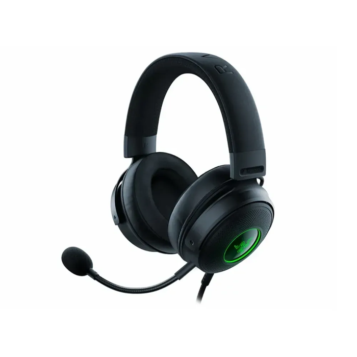 صورة سماعة رأس Razer Kraken V3 X السلكية للألعاب عبر منفذ USB: ميكروفون HyperClear Cardioid، وسائد أذن بيضاوية، قماش هجين، وسائد أذن من إسفنج الذاكرة، منفذ USB من النوع A، صوت محيطي، إضاءة Chroma RGB، متوافقة مع الكمبيوتر الشخصي وPS4 - أسود