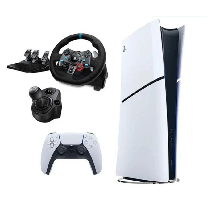 صورة جهاز سوني بلاي ستيشن 5 (PS5) سليم - الإصدار الرقمي + عجلة قيادة لوجيتك درايفينج فورس G29 + ناقل حركة درايفينج فورس