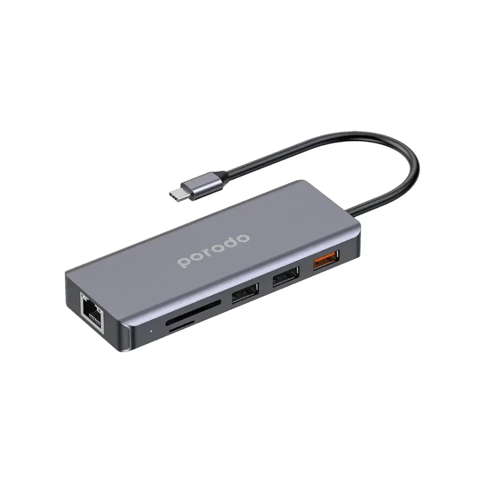 Picture of Porodo 9in1 USB-C Hub Type-C PD 100W HDMI Ethernet USB SD Card 3.5mm Aux - Gray