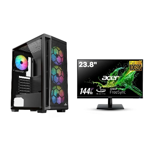 صورة كمبيوتر ألعاب – معالج Intel i5-12400F، لوحة أم H610 D4، ذاكرة DDR4 بسعة 16GB، قرص NVMe SSD بسعة 1 تيرابايت، بطاقة RTX 3050 بسعة 6GB، مزود طاقة 650 واط، غطاء Sharx Razorfin ATX 4 مراوح RGB، WiFi USB، ويندوز 11 برو، شاشة Acer 24" بحجم 144 هرتز