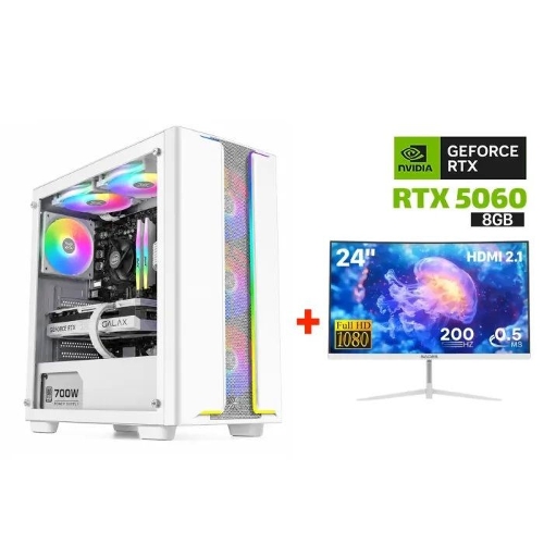 Picture of Gaming PC Intel Core i5-14400F,H610 D5 Motherboard,16GB D5 RAM,1TB NVME SSD,RTX 5060 8GB VGA White,700 WATT PSU,Xigmatek Gaming Y Pro Arctic White,4x Pre-Installed RGB Fans,Win 11 Pro (License)+Sades 24" FHD 200Hz HDMI 2.1 Curved Gaming Monitor