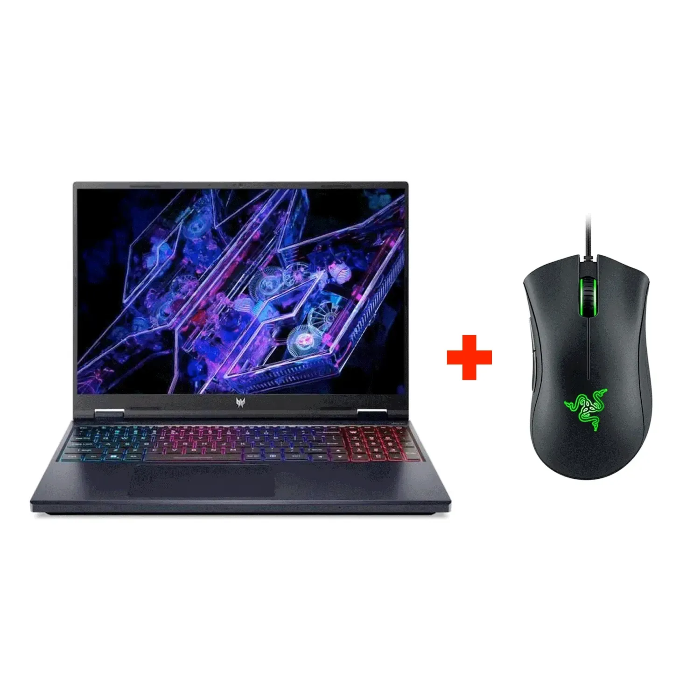 صورة لابتوب ألعاب Acer Predator Helios Neo 16، معالج Intel Core Ultra 9-275HX، ذاكرة DDR5 بسعة 16GB، قرص NVMe SSD بسعة 1 تيرابايت، بطاقة رسومات 8GB بحجم RTX 5070، شاشة WQXGA IPS بحجم 16 بوصة بتردد 240 هرتز، لوحة مفاتيح RGB، رخصة Windows 11 Pro + فأرة ألعاب أساسية مجانية من Razer DeathAdder