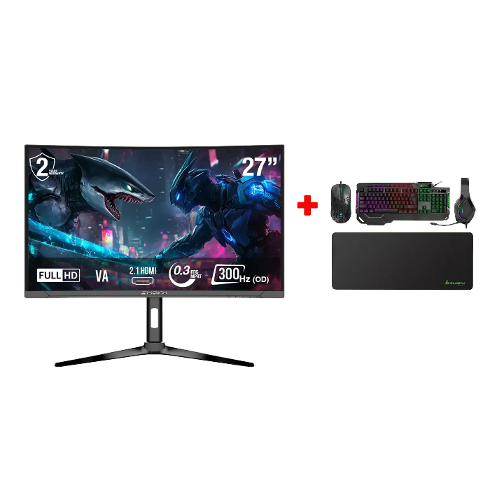 Picture of SharX Jaws 27" Curved Gaming Monitor, VA Panel FHD 300Hz 0.3ms HDMI 2.1 With AMD FreeSync & Nvidia G-Sync Compatibility + SharX Jaws JS4X1 4-In-1 Gaming Bundle, Keyboard (English & Arabic) Mouse, Headset & MousePad