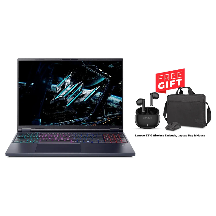 Picture of Acer Predator Helios 16 AI Gaming Laptop – Ultra 9 275HX, UPGRADED 32GB DDR5 RAM, 1TB NVMe SSD, RTX 5090 24GB GPU, 16" OLED 240Hz Display, RGB Per-Key Keyboard, Windows 11 Pro, Abyssal Black + Lenovo E310 Wireless Earbuds, Laptop Bag & Mouse